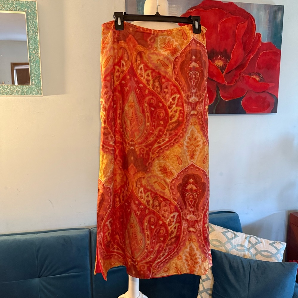 Lafayette 148 Floral Maxi Skirt size 10 L 100% Silk Oranges